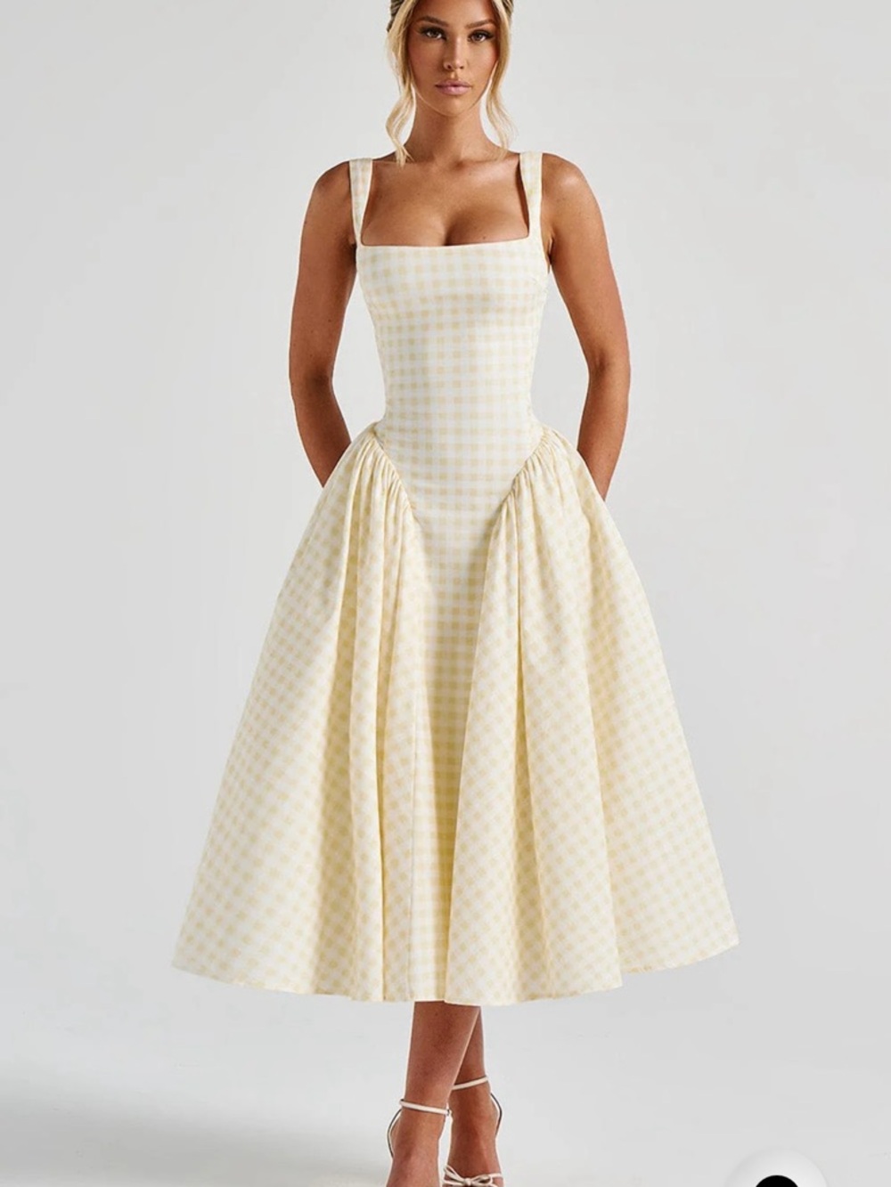 Square Neck Yellow Gingham Midi Dress